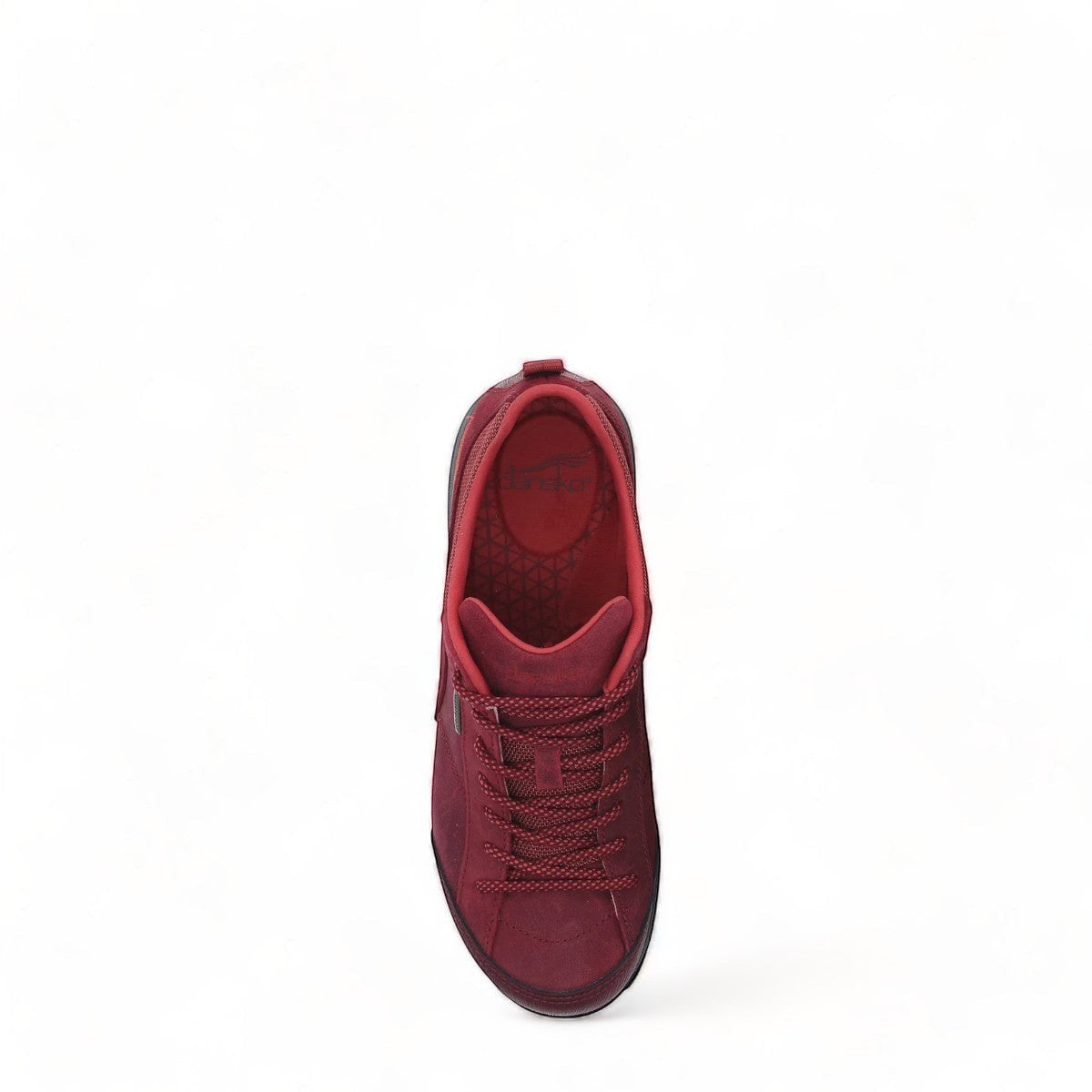Dansko Paisley red burnished suede outdoor shoe showing the durable slip-resistant Vibram rubber outsole. Photo of vertical upper view.