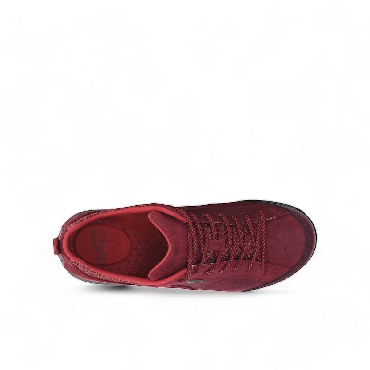 Dansko Paisley red burnished suede outdoor shoe showing the durable slip-resistant Vibram rubber outsole. Photo of horizontal upper view.