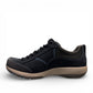 Dansko Paisley navy milled suede outdoor shoes showing the durable slip-resistant Vibram rubber outsoles. Photo of left sideview.
