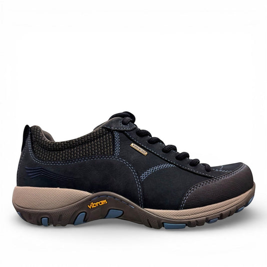 Dansko Paisley navy milled suede outdoor shoes showing the durable slip-resistant Vibram rubber outsoles. Photo of left inside side.