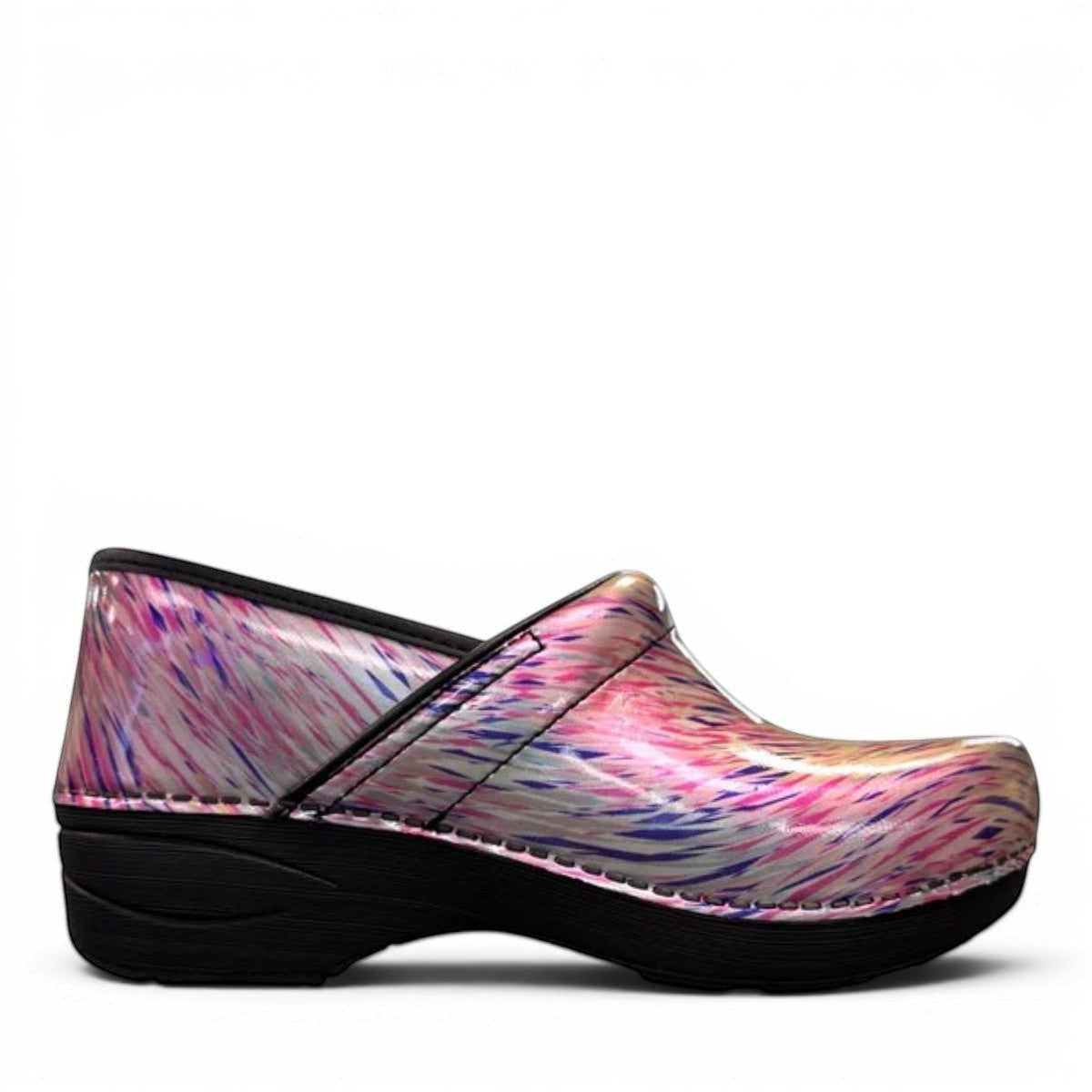 Dansko XP 2.0 patent leather performance clog in pastel blur print with slip-resistant black sole. Photo of right outside side view.
