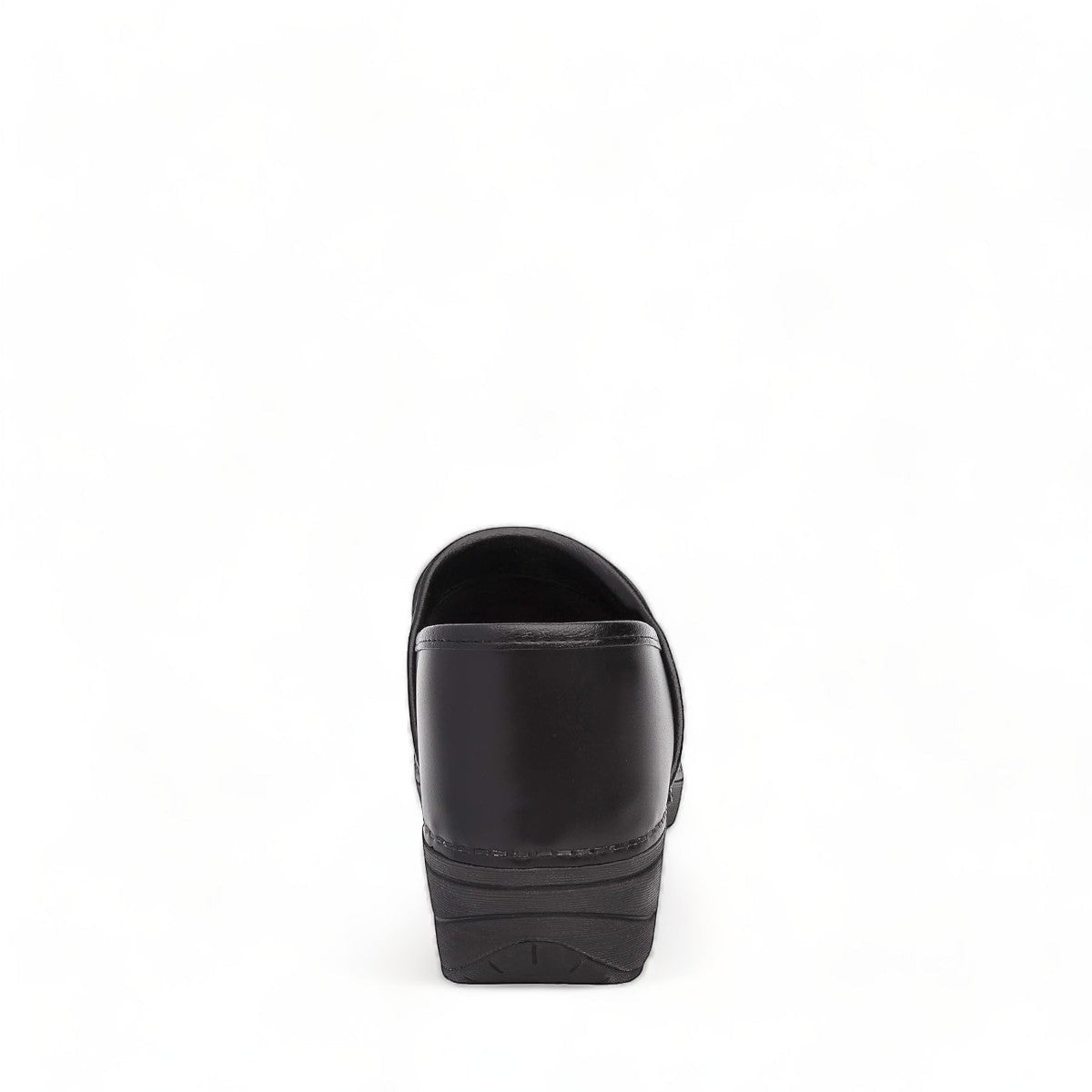 Dansko Pro XP black leather slip-resistant professional clog with rocker bottom and padded collar. Photo of back view.