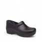 Dansko Pro XP black leather slip-resistant professional clog with rocker bottom and padded collar. Photo of side view at an angle.