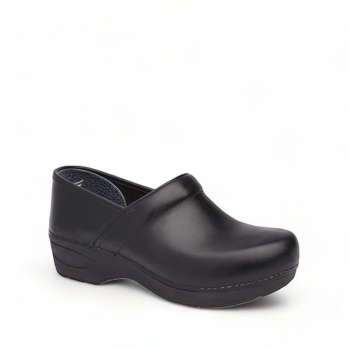 Dansko Pro XP black leather slip-resistant professional clog with rocker bottom and padded collar. Photo of side view at an angle.