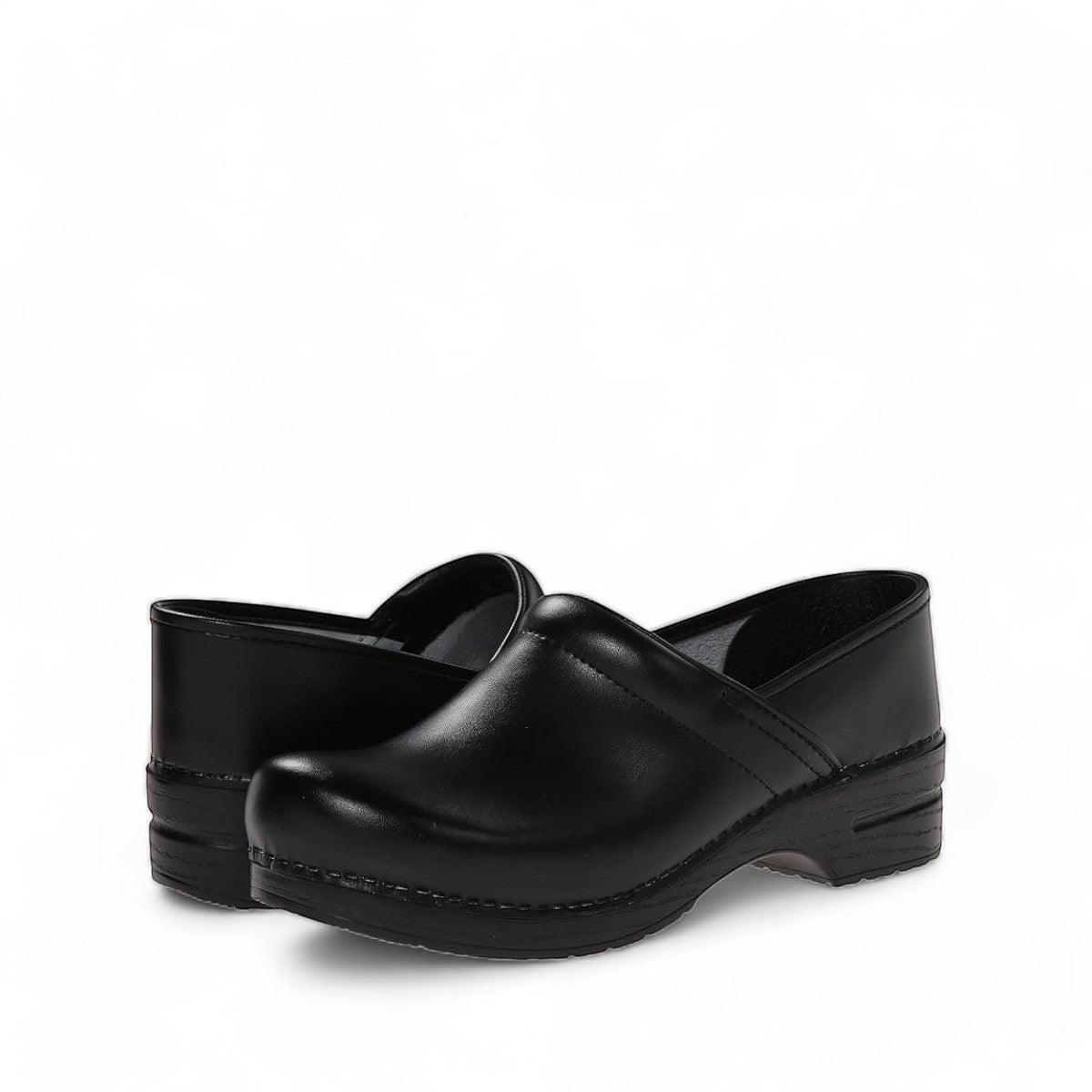 Dansko Pro XP black leather slip-resistant professional clog with rocker bottom and padded collar. Photo of side view 3.