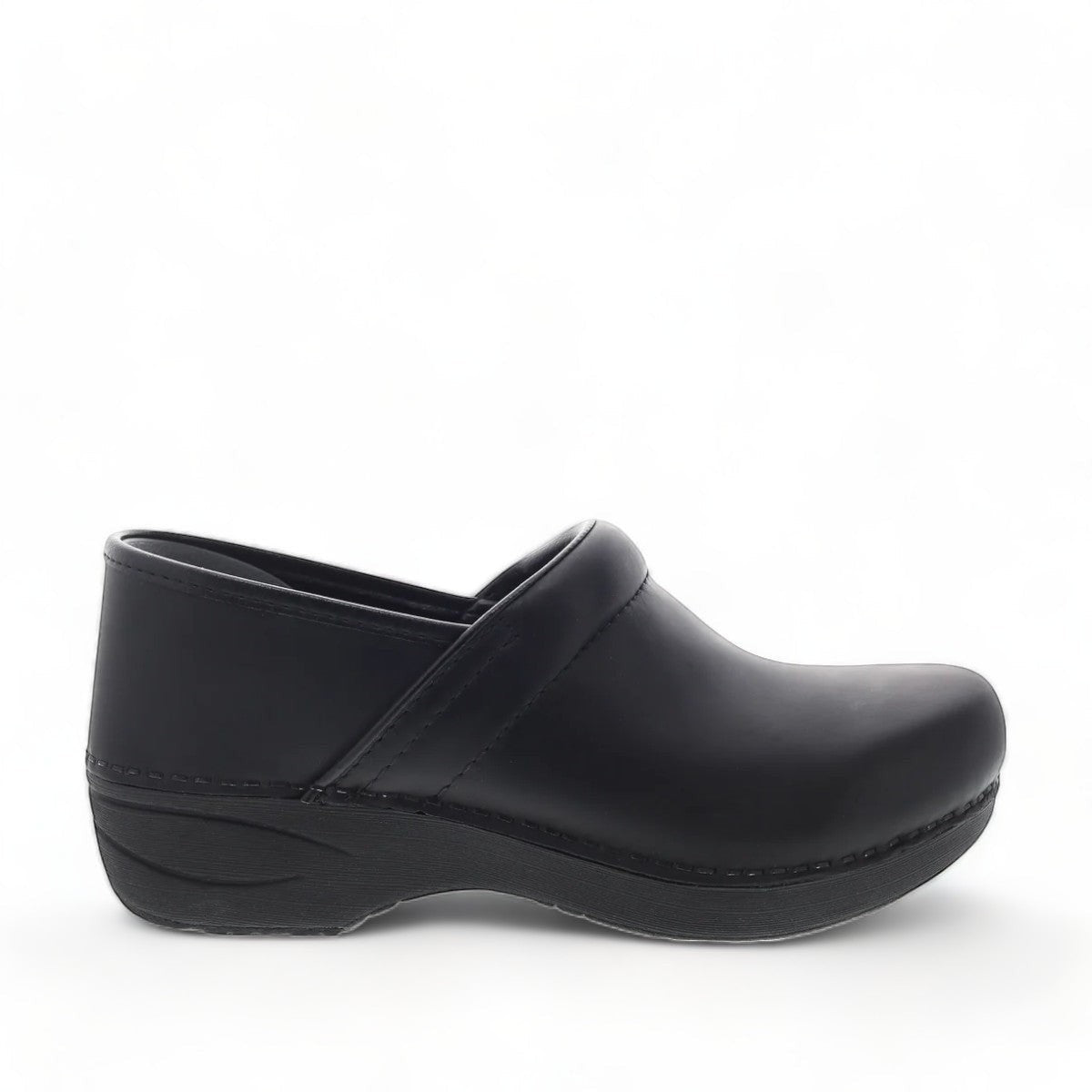 Dansko Pro XP black leather slip-resistant professional clog with rocker bottom and padded collar. photo of side view 4.