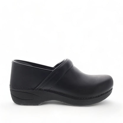 Dansko Pro XP black leather slip-resistant professional clog with rocker bottom and padded collar. photo of side view 4.