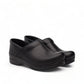 Dansko Pro XP black leather slip-resistant professional clog with rocker bottom and padded collar. Photo of side view.