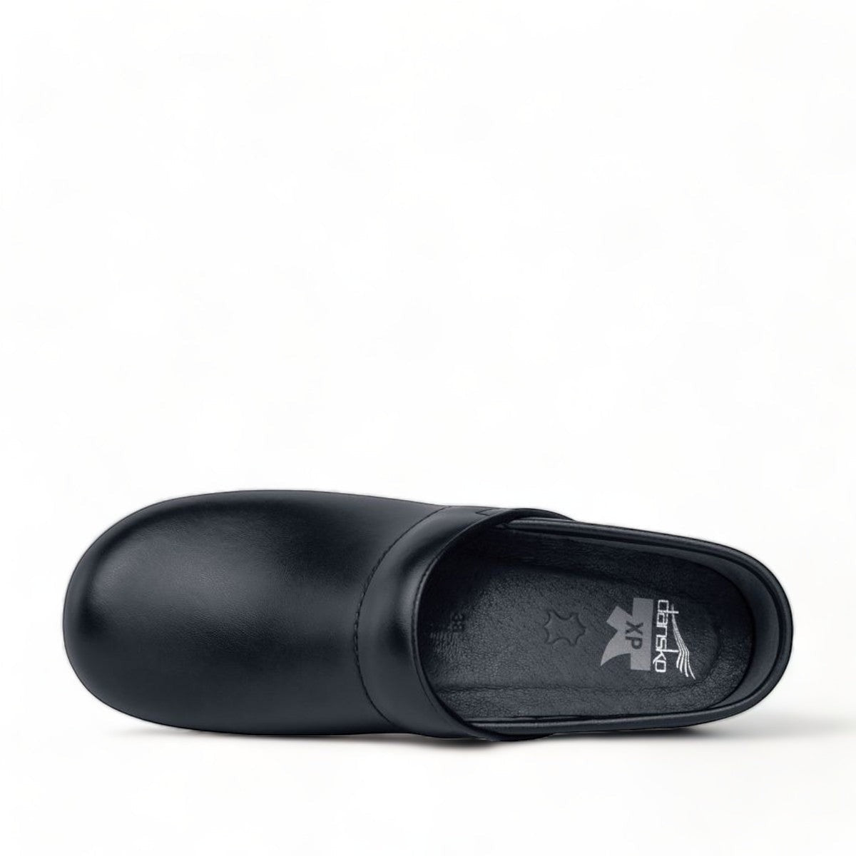 Dansko Pro XP black leather slip-resistant professional clog with rocker bottom and padded collar. Photo of upper view.