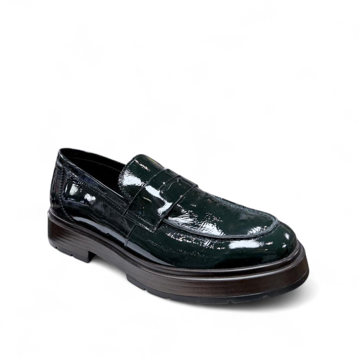 David Tyler forest green patent leather loafer with a chunky non-slip sole and leather lining. Photo of front side view.