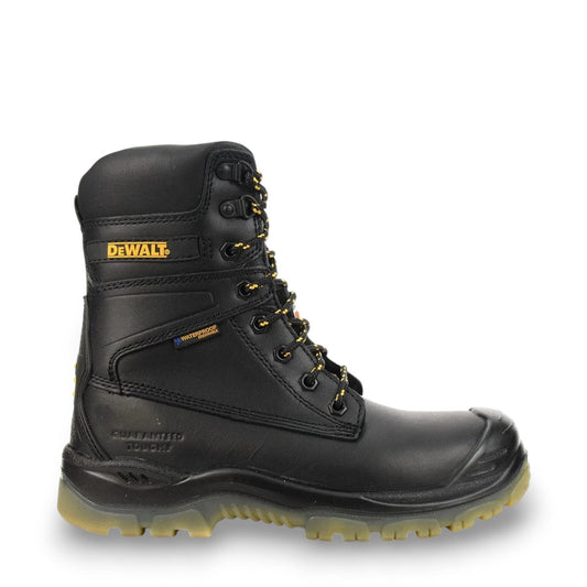 DEWALT SPARK 8-inch black waterproof work boot with steel toe, composite plate, and slip-resistant sole. Photo of side view.