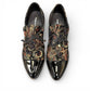 Django & Juliette Kotty black loafer with intricate floral print and patent leather toe cap. Photo of upper view.