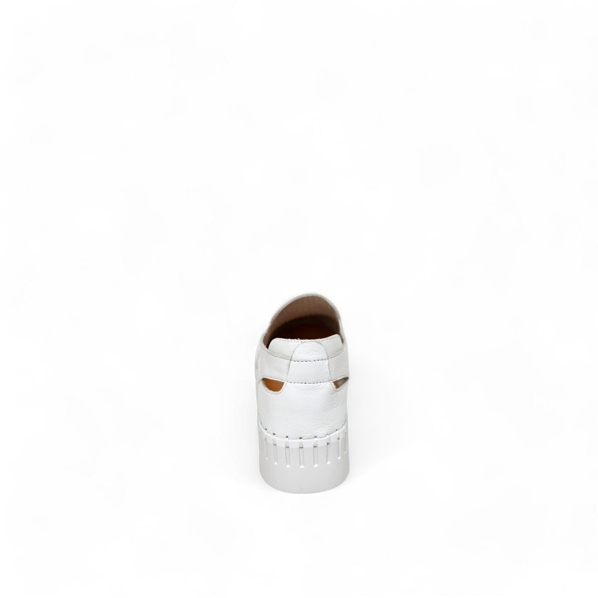 Django & Juliette white leather slip-on sneakers with perforated upper and thick cleated sole. Photo of back view.
