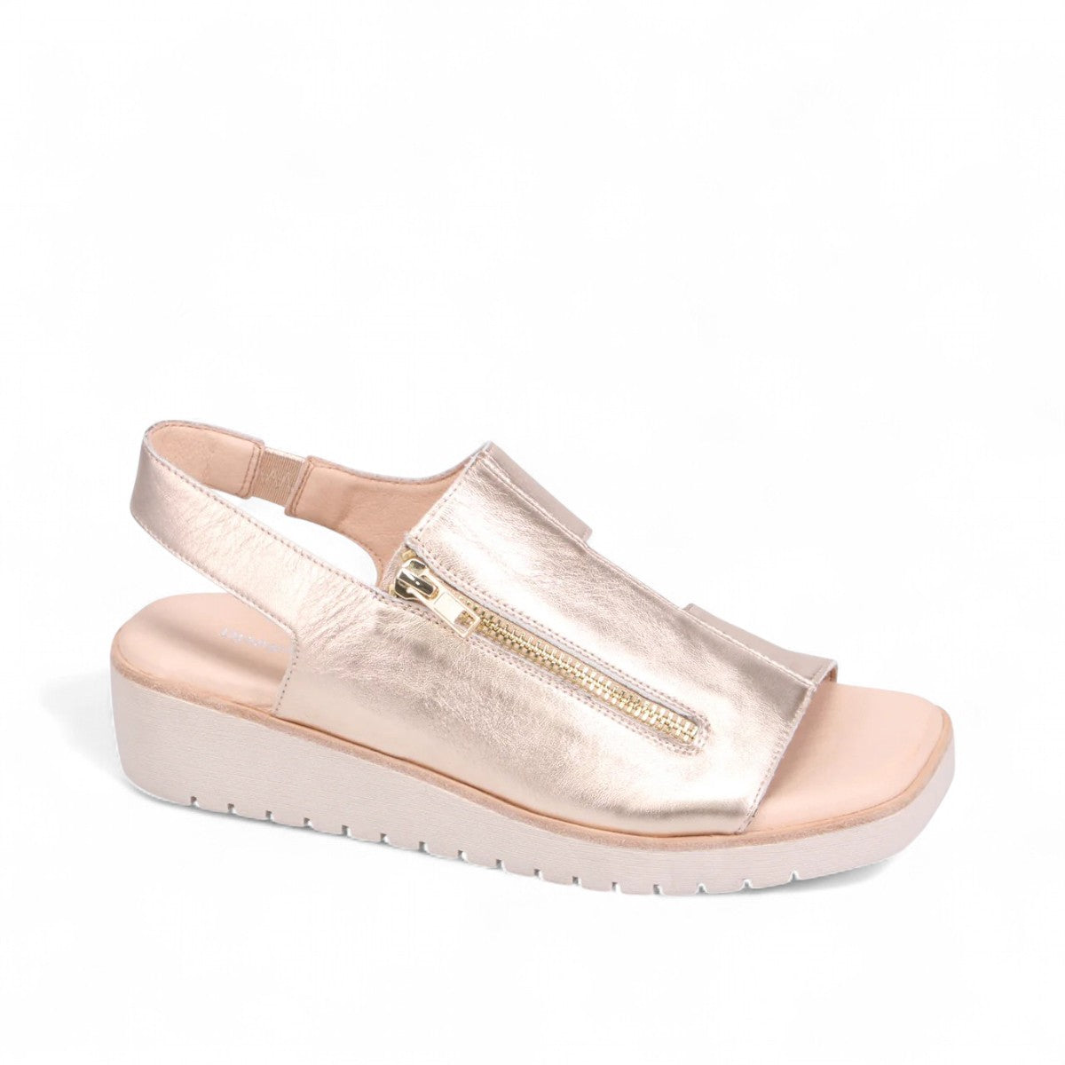 Django & Juliette Kemma champagne leather platform sandals with square toe and silver zip detail. Photo of side view.