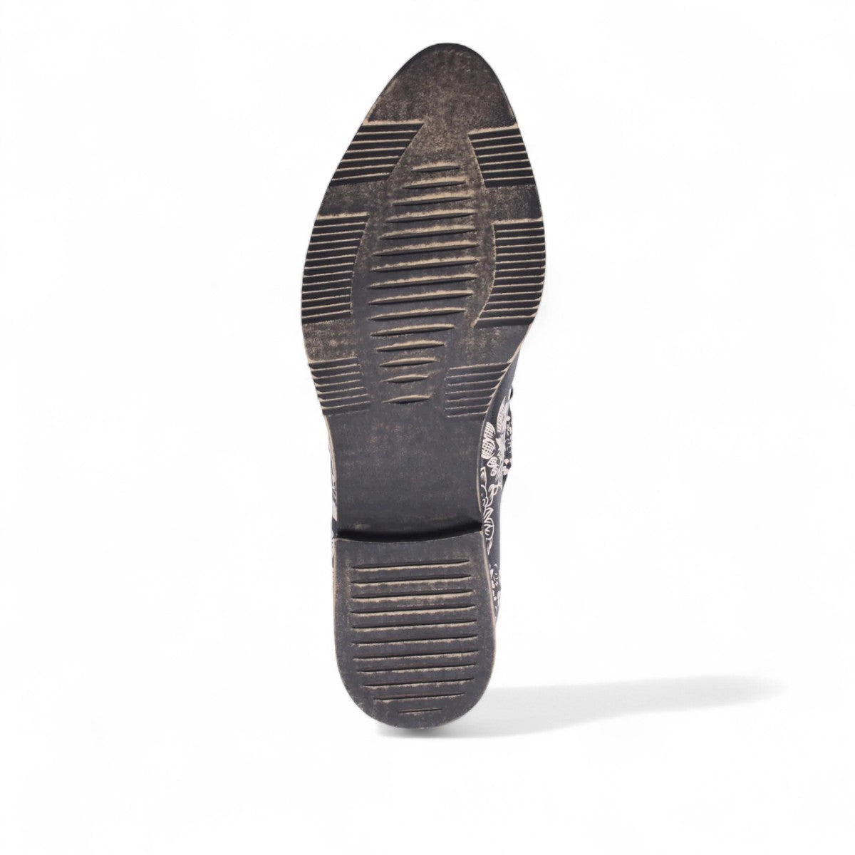 DJANGO & JULIETTE Kotty black and milk floral leather loafer with lace-up detail and rubber outsole. Photo of bottom view.