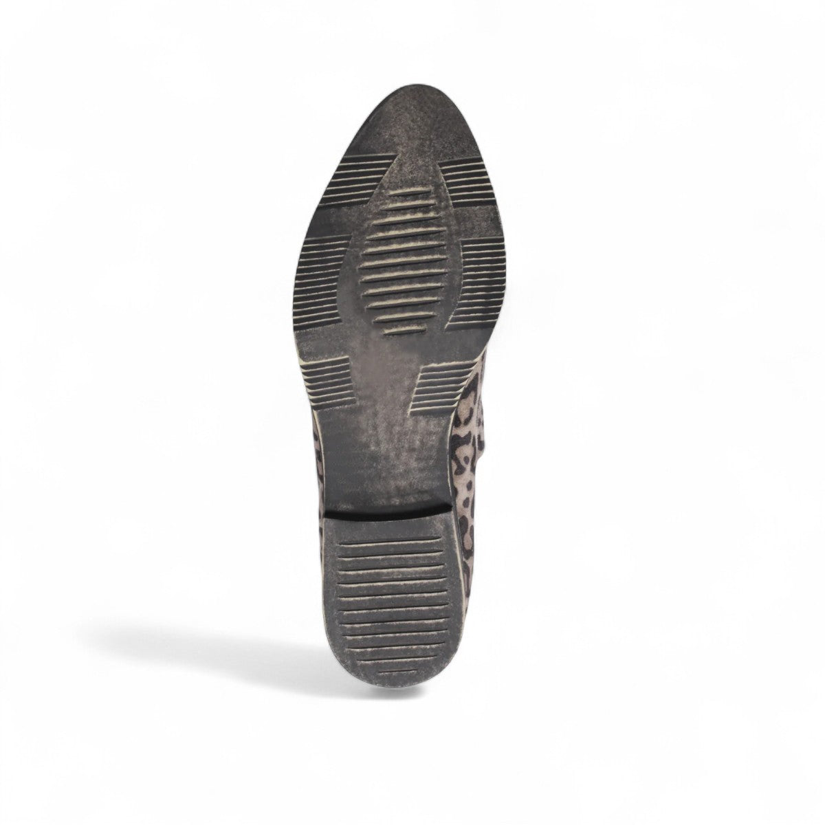 Django & Juliette Kotty loafer in taupe leopard print leather with a patent toe cap and lace-up front. Photo of bottom view.