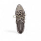 Django & Juliette Kotty loafer in taupe leopard print leather with a patent toe cap and lace-up front. Photo of upper view.