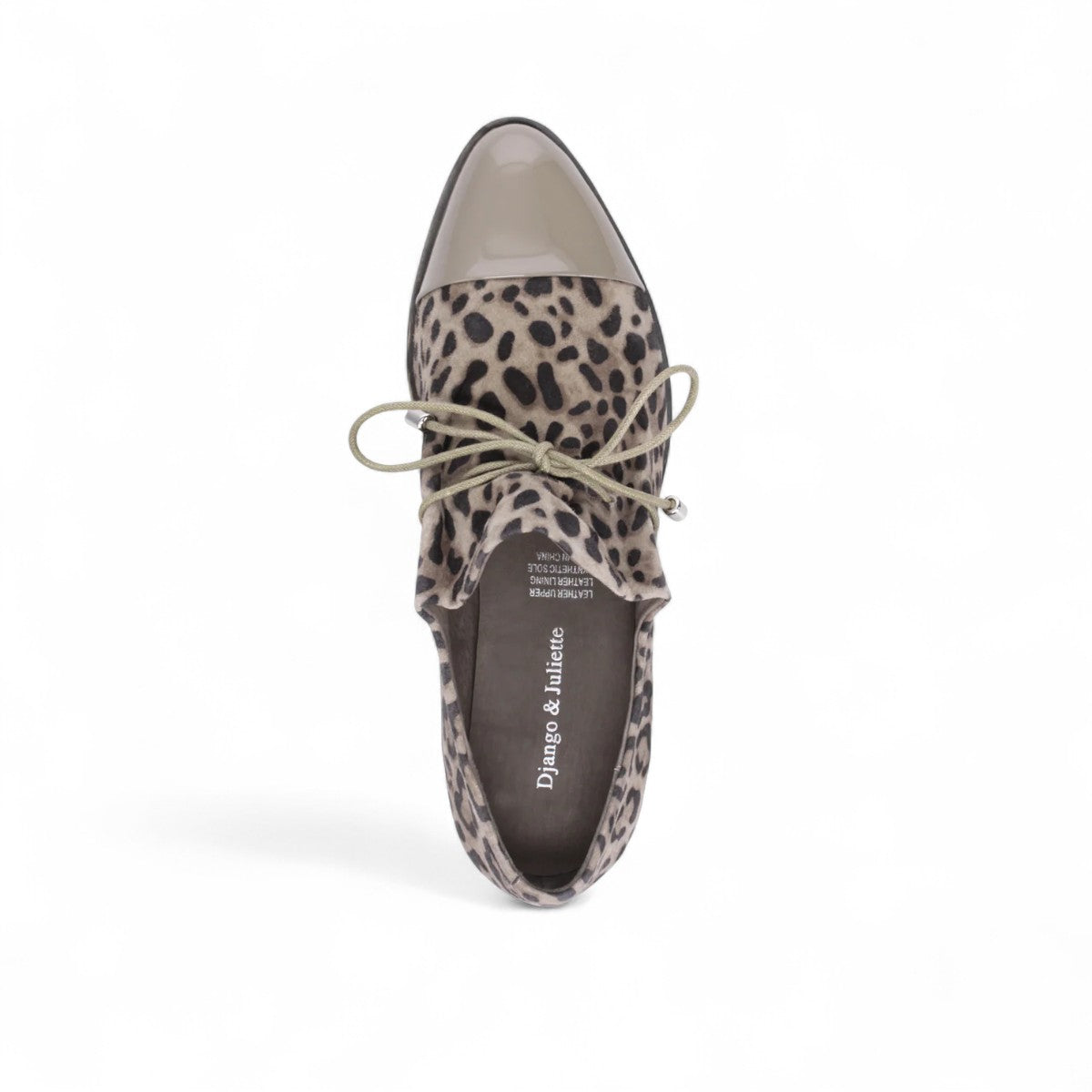 Django & Juliette Kotty loafer in taupe leopard print leather with a patent toe cap and lace-up front. Photo of upper view.