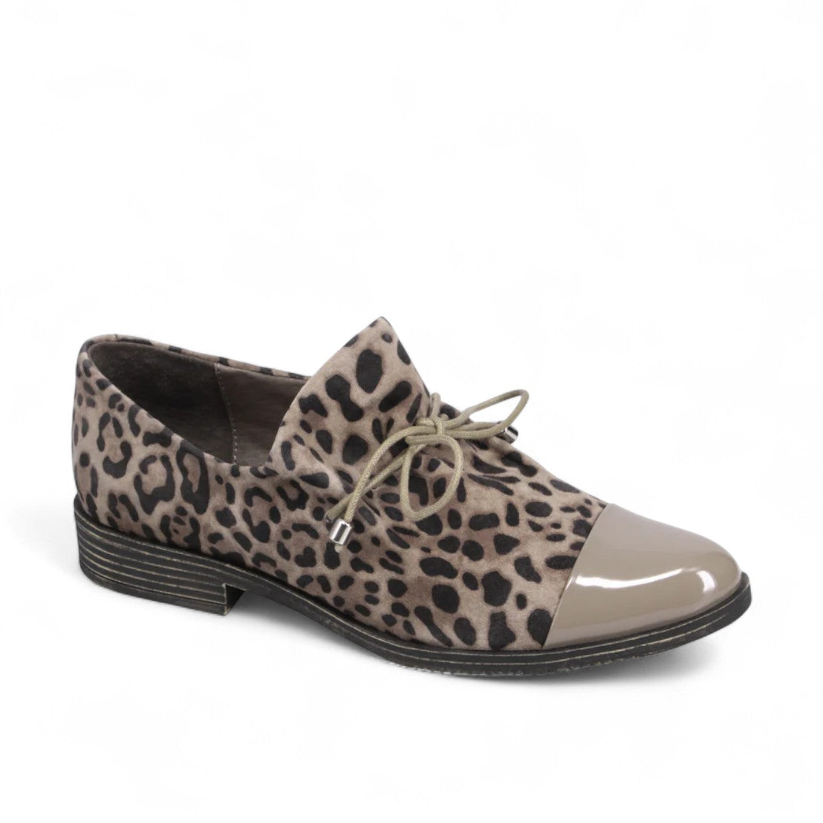 Django & Juliette Kotty loafer in taupe leopard print leather with a patent toe cap and lace-up front. Photo of front side view.