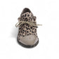 Django & Juliette Kotty loafer in taupe leopard print leather with a patent toe cap and lace-up front. Photo of front view.