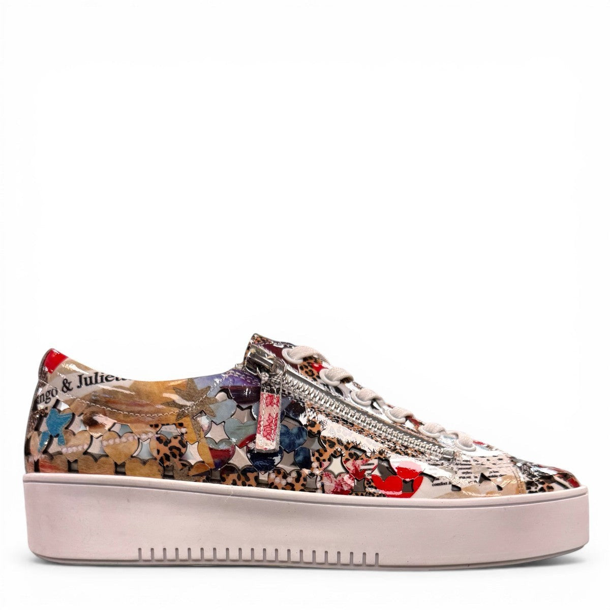 Django & Juliette Leithah leather sneakers featuring a colorful collage print and white platform sole. right view.