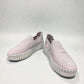 Django & Juliette lilac white leather slip-on sneakers with perforated detail and thick cleated sole. Photo of front side view 2.