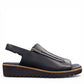 Django & Juliette Kemma navy leather platform slides with a square toe and silver zip detail. Photo of right side view.