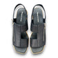 Django & Juliette Kemma navy leather platform slides with a square toe and silver zip detail. Photo of upper view.
