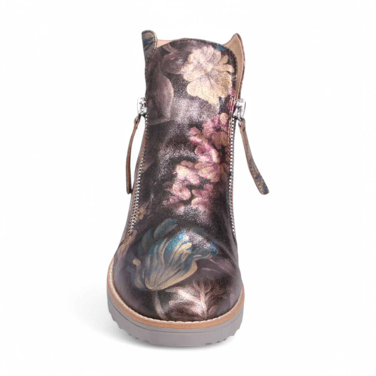 DJANGO & JULIET OHMY ankle boot in blue floral leather with an asymmetrical front zipper and wedge heel. Photo of front view.