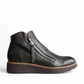 DJANGO & JULIET ohmy olive leather ankle boots with asymmetrical front zipper and low wedge heel. Photo of right side view.