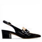 Django & Juliette Aiday black and ivory patent leather slingback block heel shoe with adjustable strap. right view.