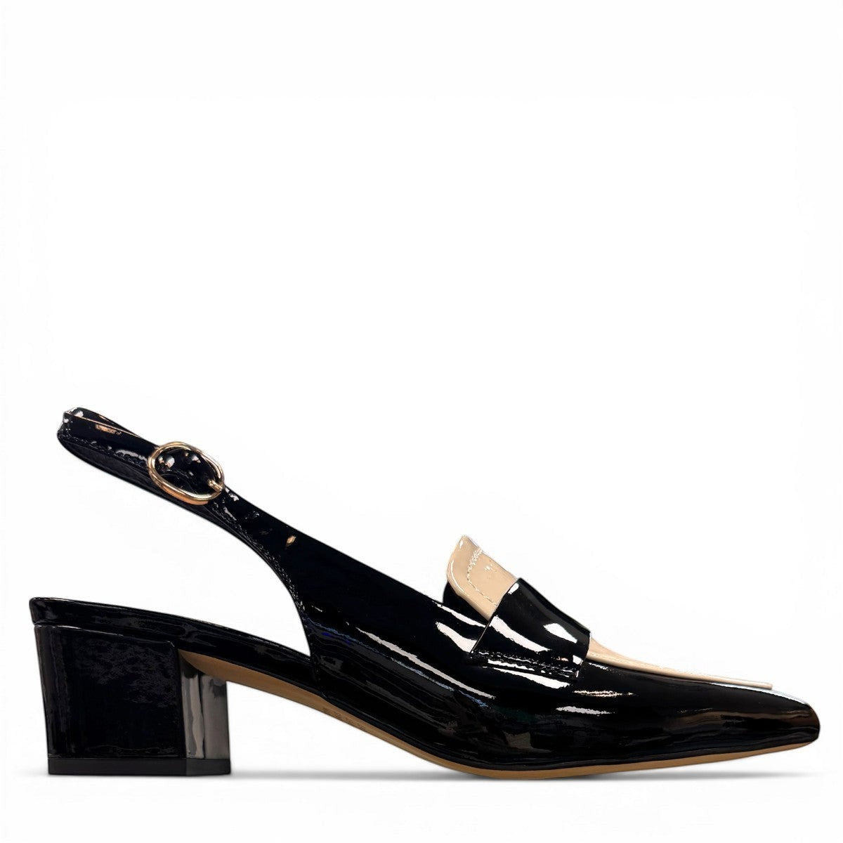 Django & Juliette Aiday black and ivory patent leather slingback block heel shoe with adjustable strap. right view.