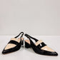 Django & Juliette Aiday black and ivory patent leather slingback block heel shoe with adjustable strap. front view.