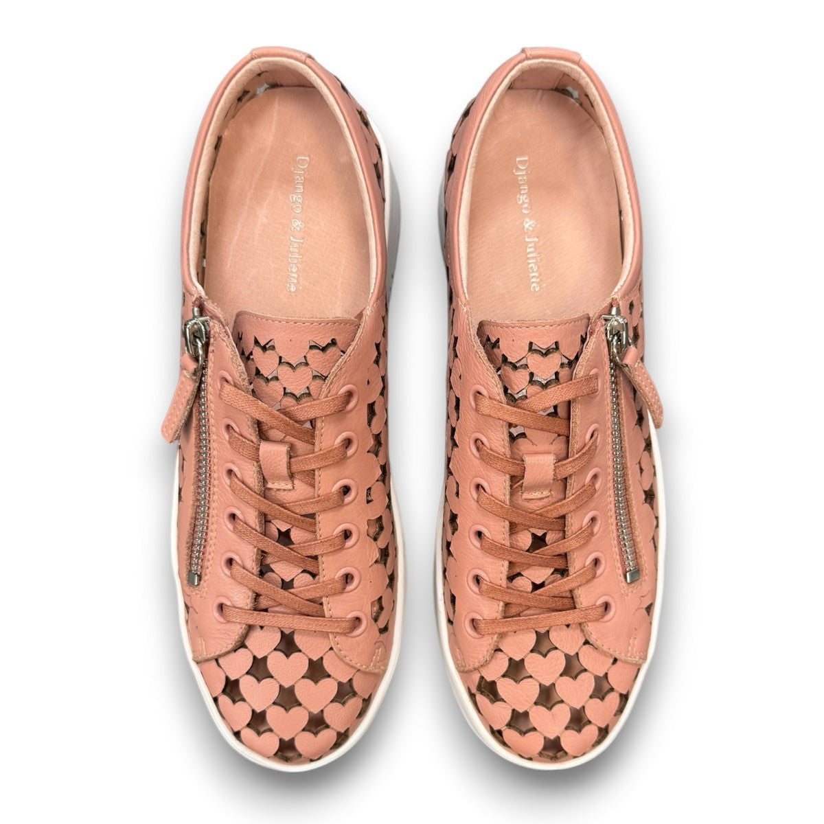 Django & Juliette Leithah sneaker in dark rose tumble leather with heart cutouts and white platform sole.