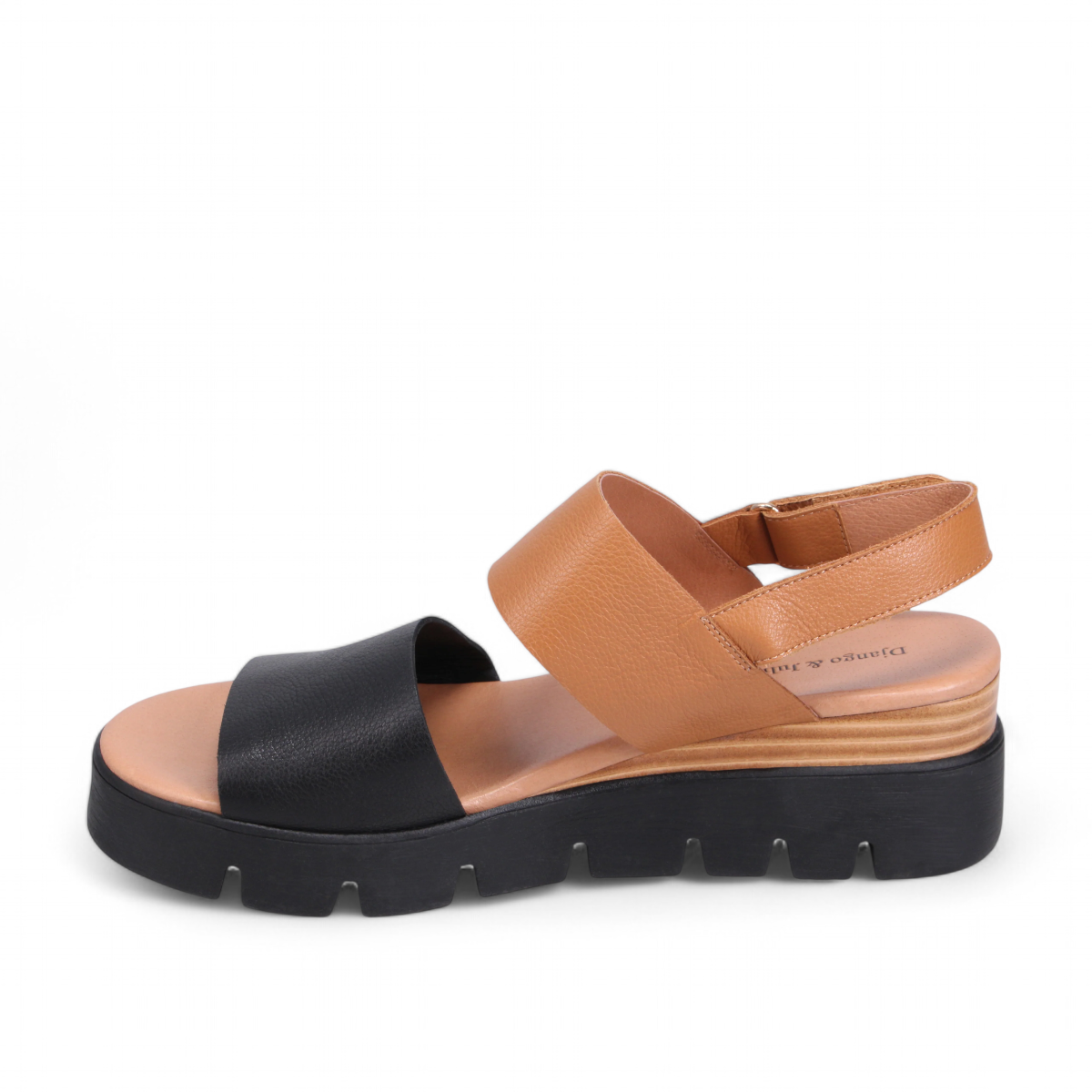 Django & Juliette Runar black tan platform sandals in black and tan leather with an adjustable slingback strap. Photo of left side view.