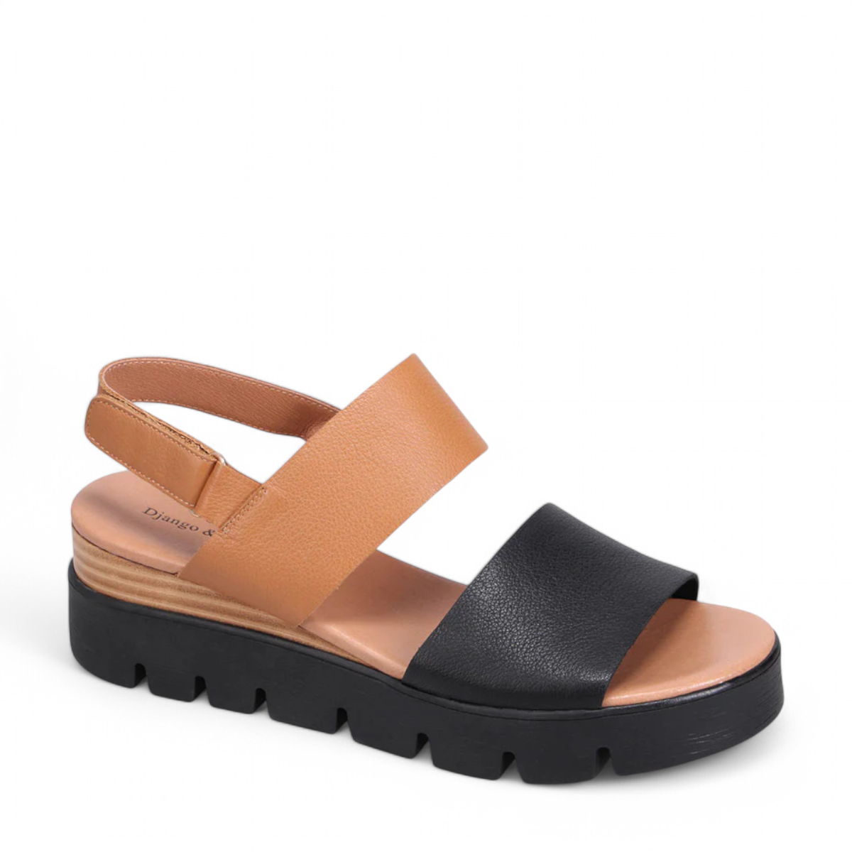 Django & Juliette Runar black tan platform sandals in black and tan leather with an adjustable slingback strap. Photo of front side view.