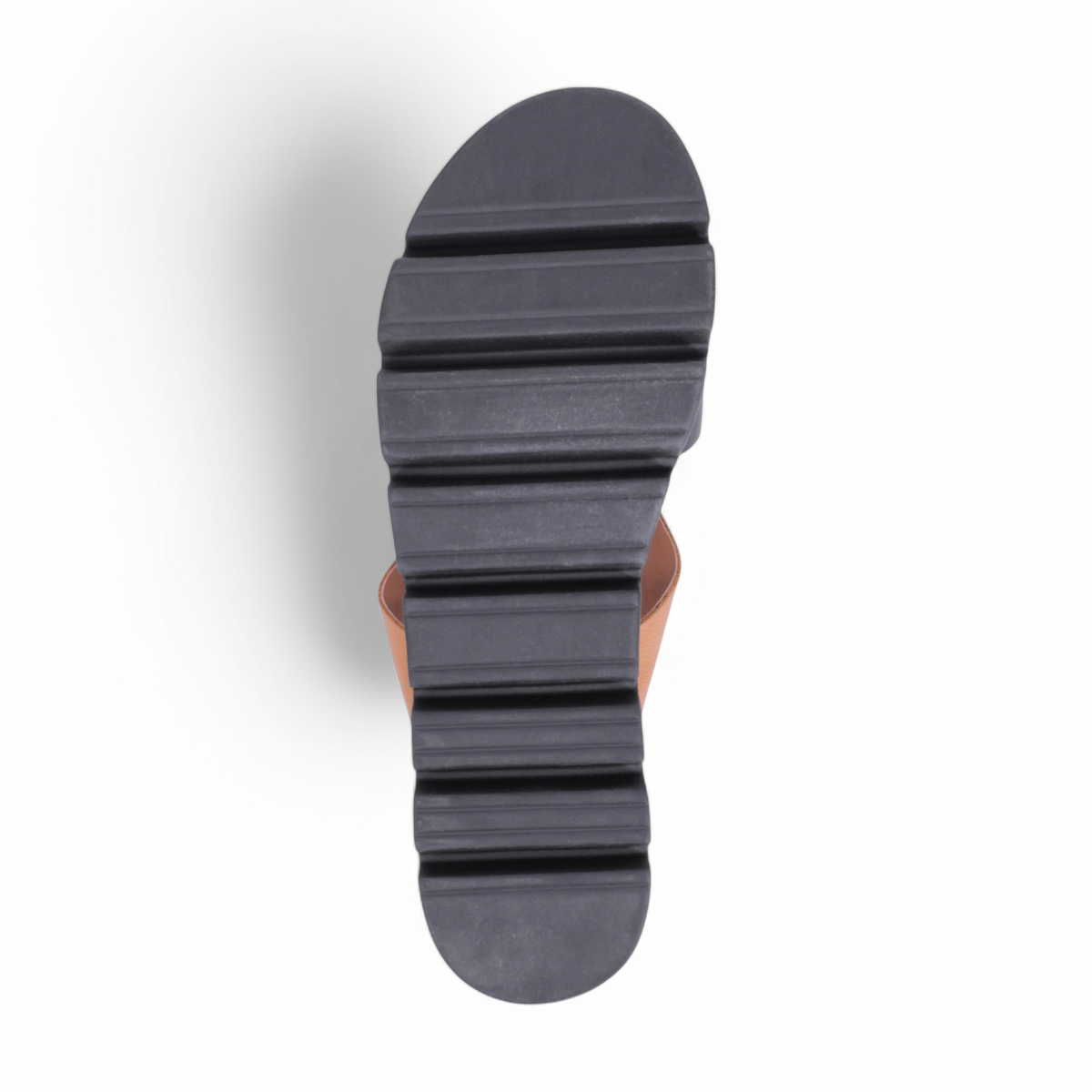 Django & Juliette Runar black tan platform sandals in black and tan leather with an adjustable slingback strap. Photo of bottom view.