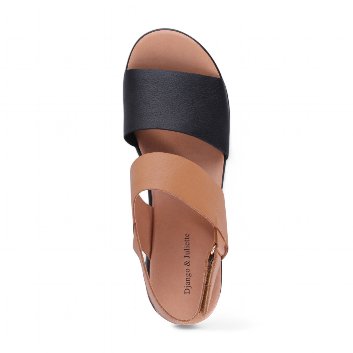 Django & Juliette Runar black tan platform sandals in black and tan leather with an adjustable slingback strap. Photo of upper view.