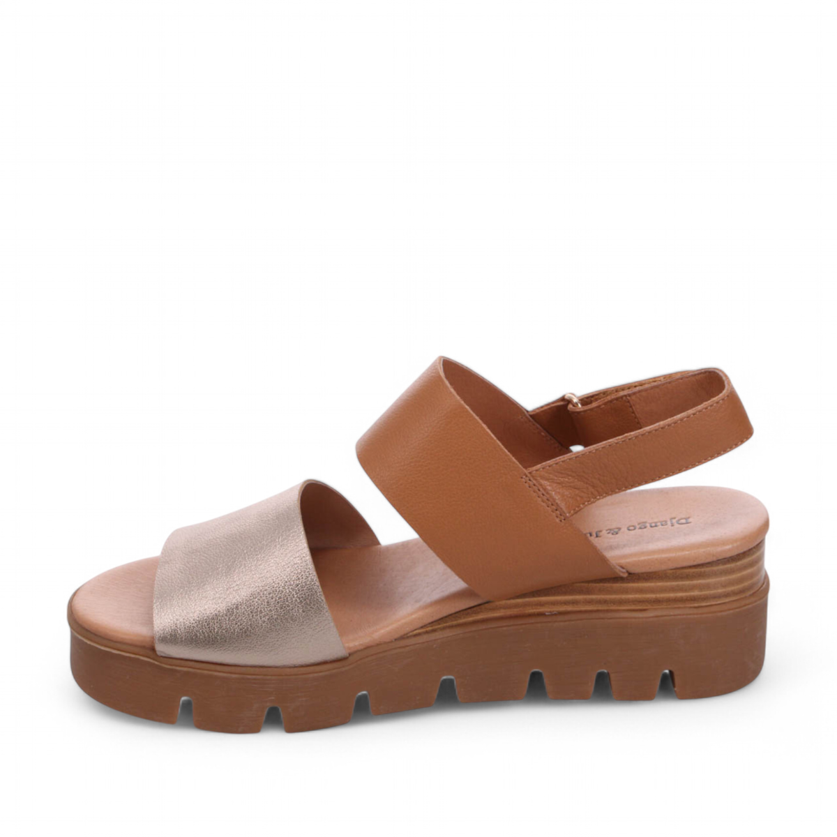Django & Juliette Runar platform sandals in champagne and tan leather with a velcro slingback strap. Photo of left side view.