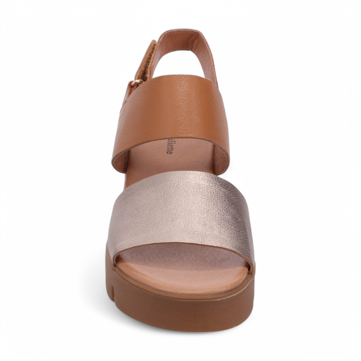 Django & Juliette Runar platform sandals in champagne and tan leather with a velcro slingback strap. Photo of front view 2.