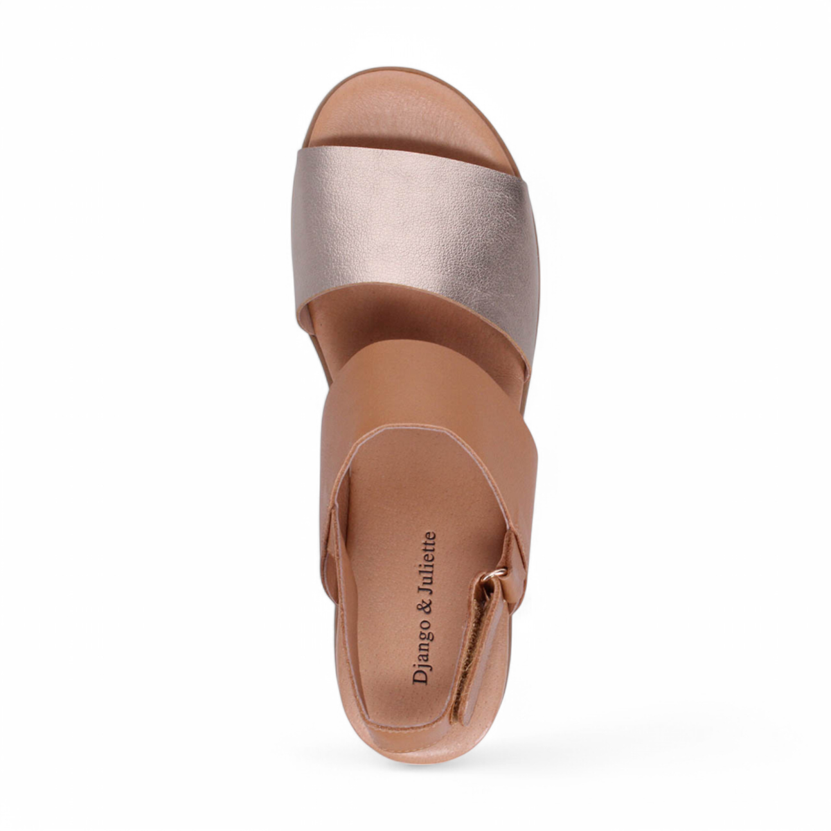 Django & Juliette Runar platform sandals in champagne and tan leather with a velcro slingback strap. Photo of upper view.