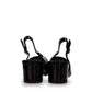 Django & Juliette Aiday black and ivory patent leather slingback block heel shoe with adjustable strap.