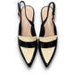 Django & Juliette Aiday black and ivory patent leather slingback block heel shoe with adjustable strap.