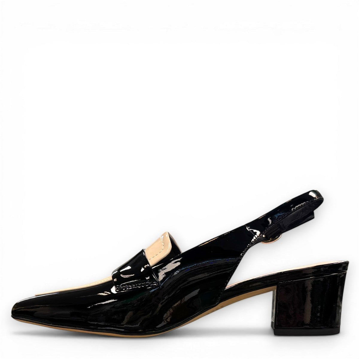 Django & Juliette Aiday black and ivory patent leather slingback block heel shoe with adjustable strap.