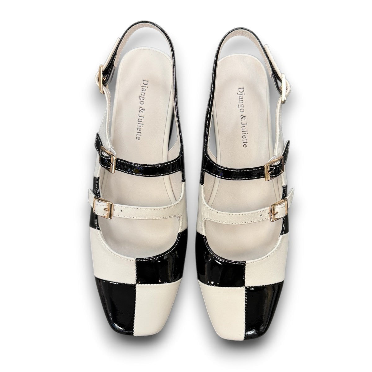 DJANGO & JULIETTE Brynins black and white patent leather slingback Mary Jane flat with block heel. top view.