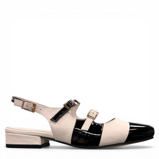 DJANGO & JULIETTE Brynins black and white patent leather slingback Mary Jane flat with block heel. right view.
