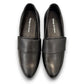 Django & Juliette Gabrian black leather loafers with a low block heel and slip-on design. top view.