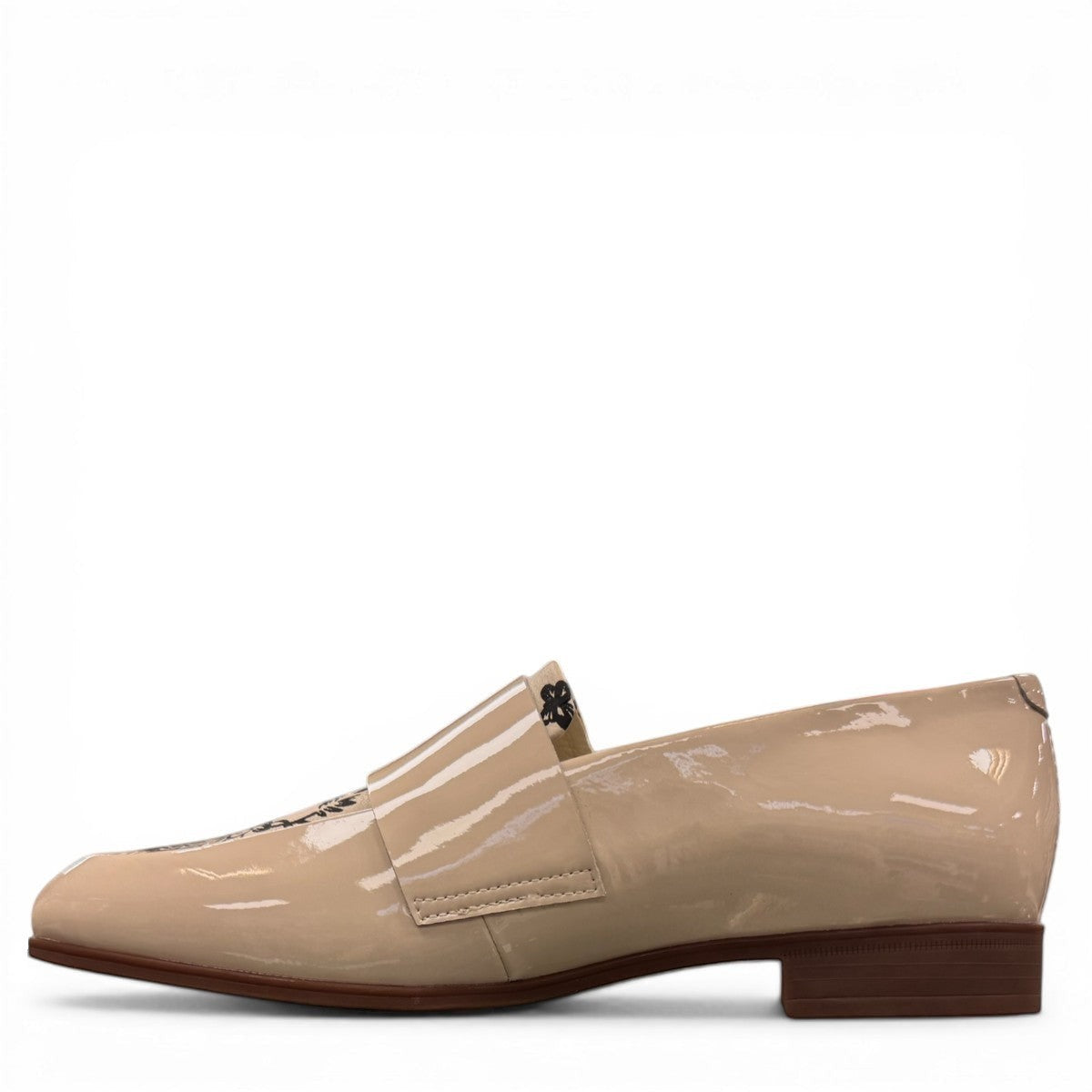 Django & Juliette Gabrian patent leather loafers in milk and black floral print with a low rubber heel. left view.