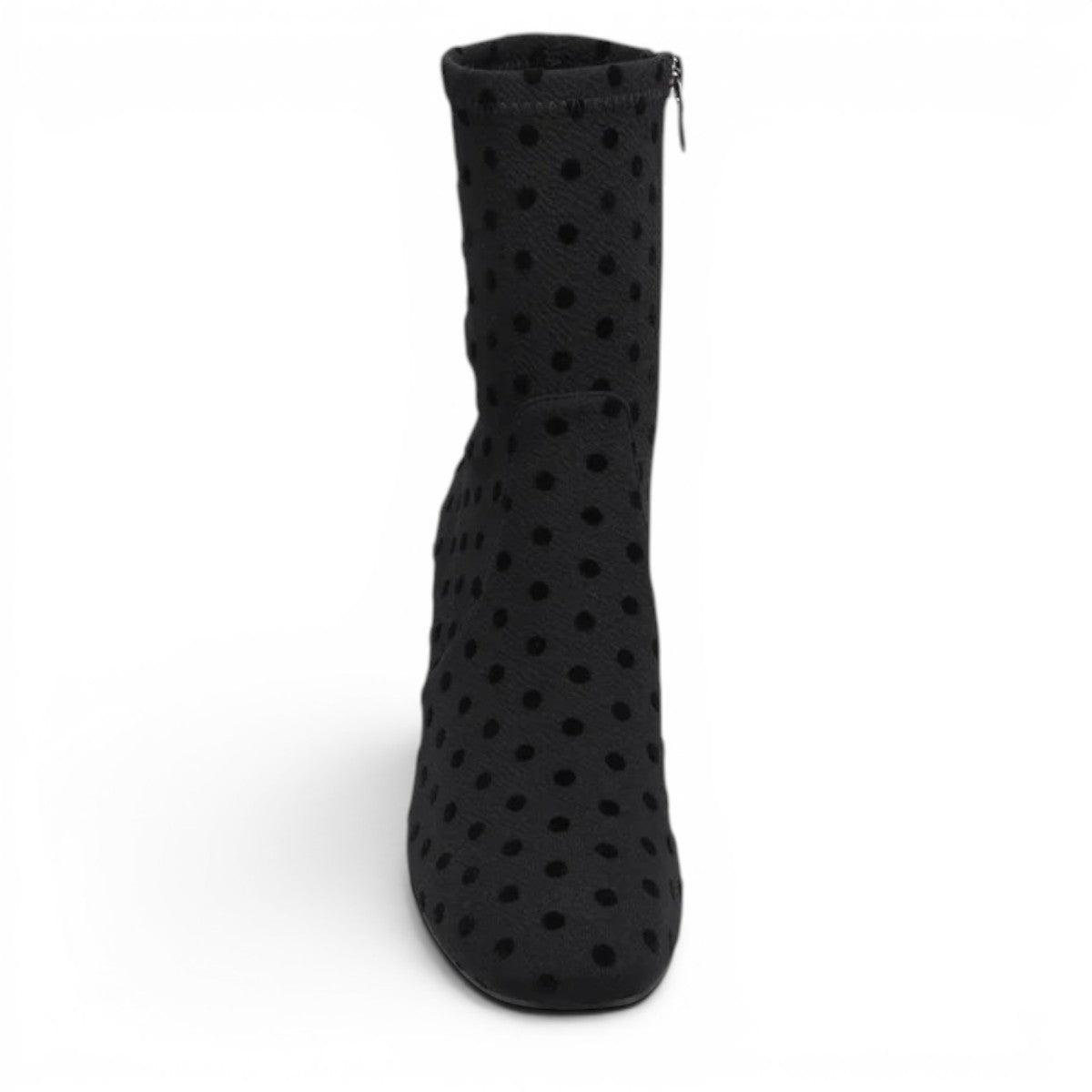 DJANGO & JULIETTE Hartful black stretch ankle bootie with polka dot pattern and block heel.
photo of the front side