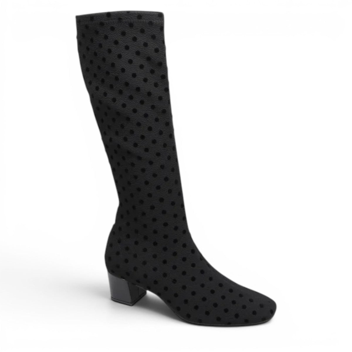 DJANGO & JULIETTE Hayleys black tall boot with polka dot pattern, square toe, and low block heel.
photo of the front side